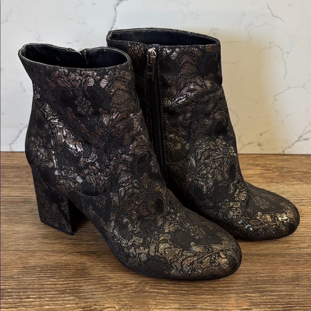 Marc Fisher Brocade Jana Boot Ankle Booties Black Gold Block Women's Size 9.5